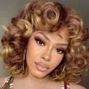 Brown Blonde Short Curly Wigs Human Hair for Black Women with Bangs Heat Resistant for Daily Use Breathable Capless (Ombre Blonde, 14 Inch)