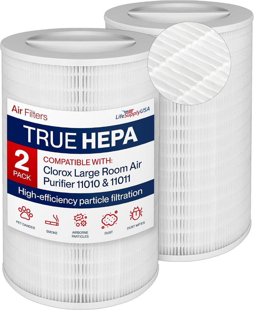 11011 True HEPA Filter Replacement Compatible with Clorox Large Room Air Purifier Model 11010 by LifeSupplyUSA (2-Pack)