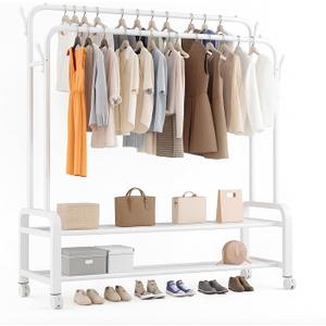 Heavy Duty Coat Rack, Garment Rack & Clothes Rack with Wheels, Freestanding Double Rod Clothing Racks for Hanging Clothes with 2-Tier Shelf & Closet Rack Organizer for Bedroom Entryway (White)