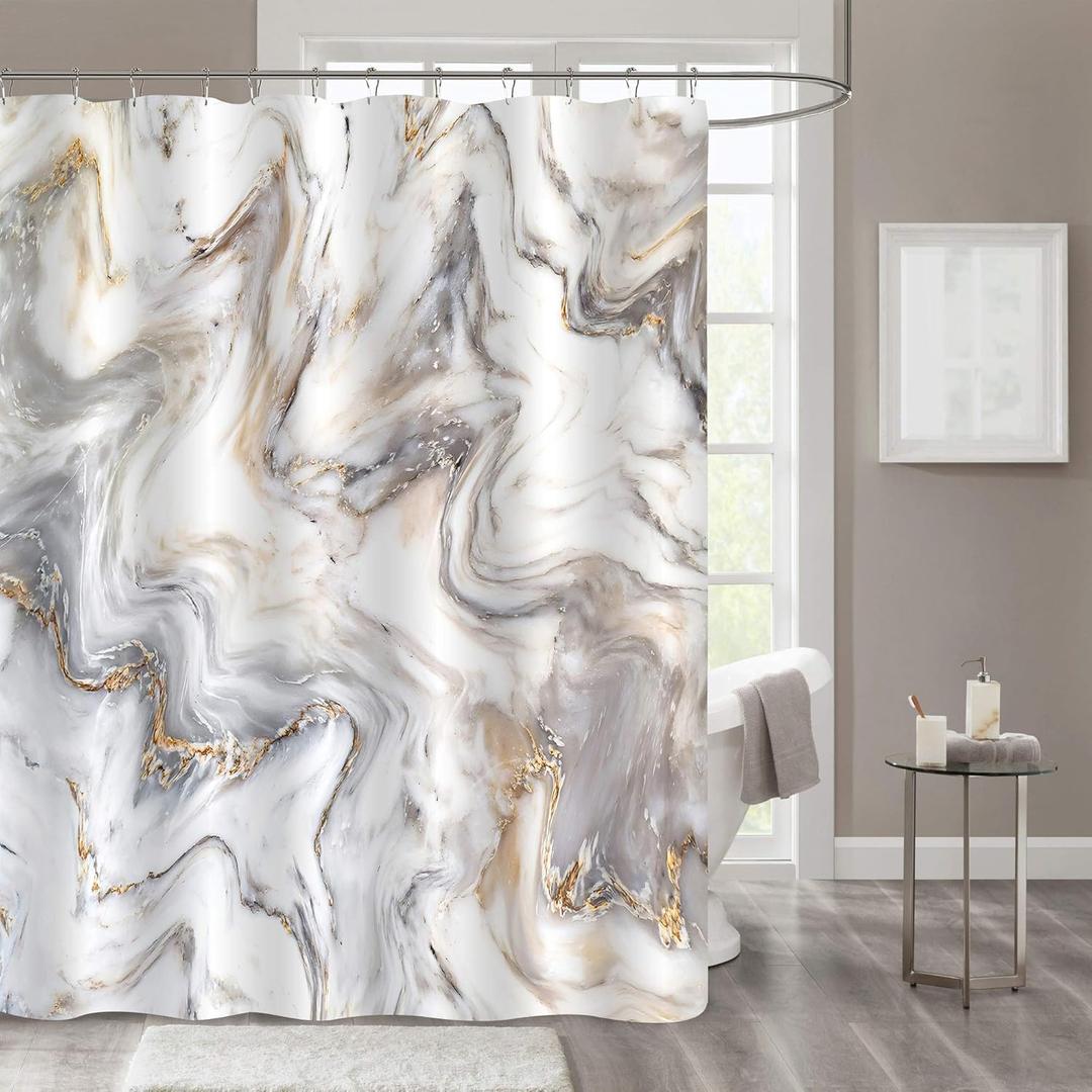 Gibelle Extra Long Shower Curtain 72 x 84, Tall Abstract Grey Gold Marble, Modern Luxury Neutral Art Waterproof Fabric Shower Curtain for Bathroom Decor