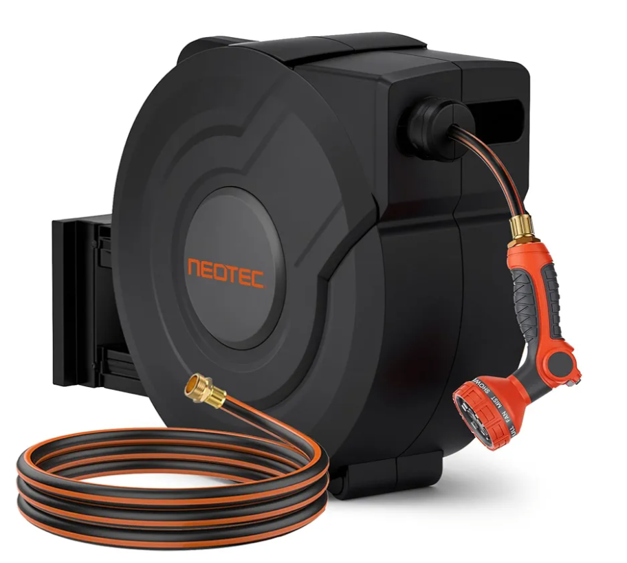 NEOTEC Retractable Garden Hose Reel 1/2 inch x 150ft - Wall Mounted Heavy Duty Hose Reel with 3/4 Inch Brass Fittings & 9-Pattern Nozzle - Auto Rewind System, Any Length Lock, 180° Swivel Bracket. There is no hose or nozzle for it