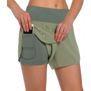 Ksmien Women's 2 in 1 Running Shorts - Lightweight Athletic Workout Gym Yoga Shorts Liner with Phone Pockets (Green, XL)