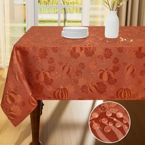 Smiry Rectangle Thanksgiving Tablecloth, 60x84 Inch Fall Waterproof Damask Table Cloth, Autumn Leaves Fabric Jacquard Table Covers for Harvest Parties, and Holiday Dinner, Terracotta/Rust