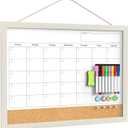 Calendar Whiteboard for Wall, 18x24 Inches Whiteboard Calendar Cork Board Combo, Magnetic Monthly White Board with Wood Framed, Hanging Dry Erase Board for Kitchen Home Office School Planner