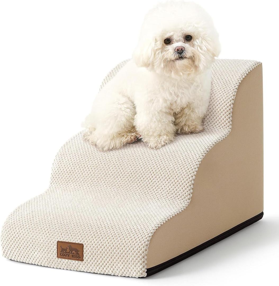 COZY KISS Dog Stairs for Small Dogs 15.7" H, Curved Dog Step for Puppy, Older Cat, Medium Pet Ramp for Sofa, Couch or Chair, Ladder with High Density Foam, 3 Step, 15.7x22.4x15.7 inch, Beige