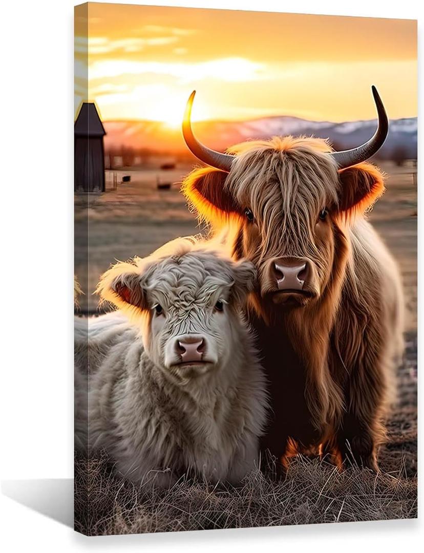 QIXIANG Highland Cow Canvas Wall Art Highland Fluffy Cattle Paintings Prints Farm Animal Pictures Wall Decor for Bathroom Frame (Highland Cow B, 16.00" x 24.00") 