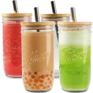 Mason 4 Pack Reusable Tea Cups, Glass Jars 24oz Wide Mouth Smoothie Cups with Bamboo Lids and Silver Straws, Drinking Glass Bubble Tea Cups for Iced Coffee Travel Bottle