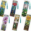FREEBLOSS 6PCS Stained Glass Flowers Diamond Painting Bookmarks Kits DIY Rhinestones Diamond Art Bookmark Kit with 6 Crystal Pendant for Beginner Crafts, Stained Glass Flower Design, 2.3"x7.7"