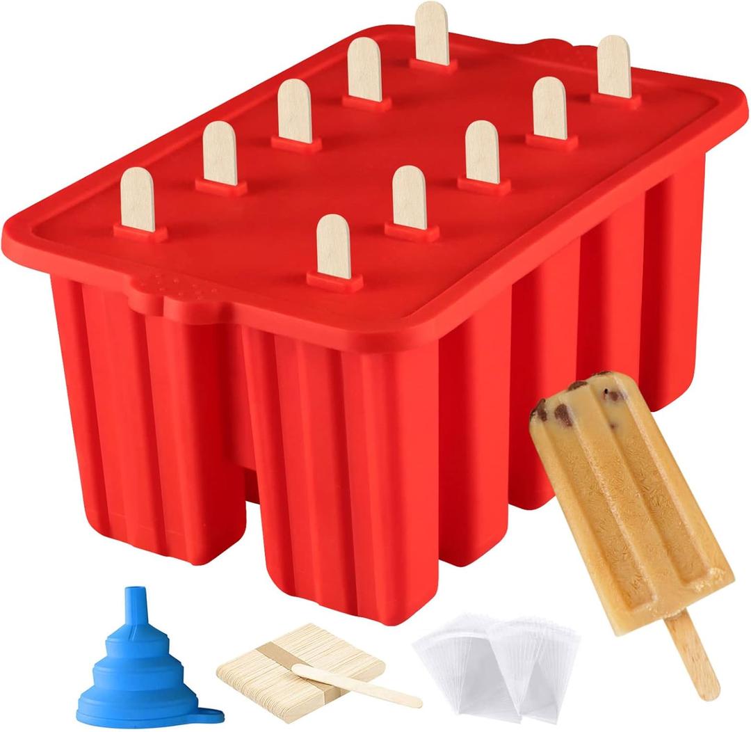 Silicone Popsicle Molds, 10 Cavity, BPA-Free, Red, Cone Shaped, Food Preparation Molds with Sticks and Funnel