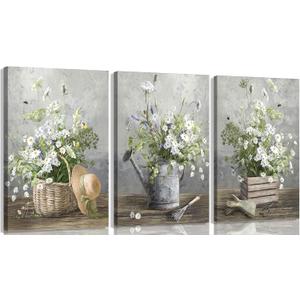 3pcs Country Daisies Canvas Wall Art Countryside Flower Painting Picture Wall Decor Farmhouse Still Life Basket Poster Print Artwork for Bathroom Bedroom Home Decoration 16x24in