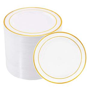 bUCLA 100Pieces Gold Plastic Plates - 6.25inch White with Gold Rim Disposable Salad/Dessert/Appetizer/Small Cake Plates Premium Hard - Ideal for Wedding & Party