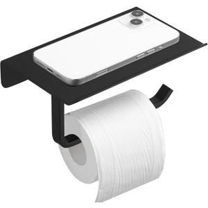 BWE Toilet Paper Holder with Shelf,Bathroom Tissue Roll Holder Screw Wall Mount,SUS 304 Stainless Steel Paper Towel Holder Rustproof,Black Toilet Paper Holder with Phone Shelf