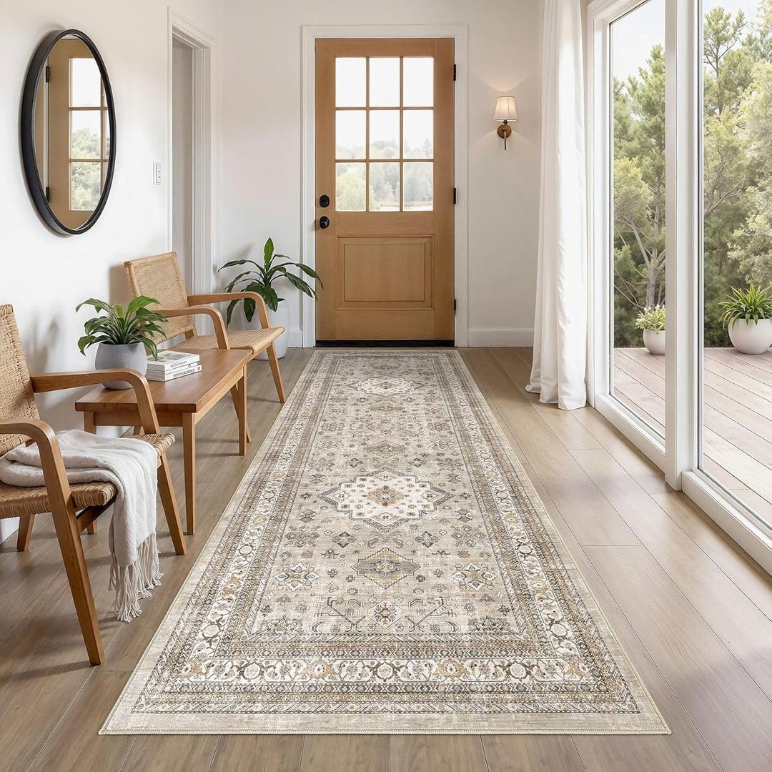 Vintage Hallway Runner Rug 3x8: Large Soft Washable Entryway for Kitchen Laundry Room Non-Slip Backing Runner for Entrance Living Room Bedroom Bathroom - Beige