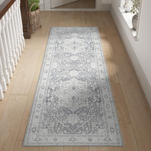 jinchan Runner Rug 2x6 - Kitchen Machine Washable Vintage Floral Non-Slip with Rubber Backing Ultra-Thin Low-Pile Carpet Runner for Hallway Entryway Bedroom Laundry Room (2x6ft,Light Grey) 