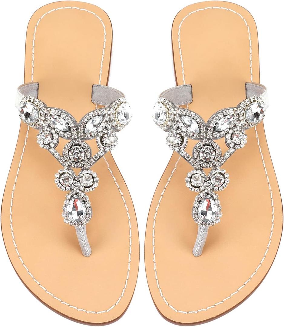 AIJIVOU Women's Rhinestone Flat Sandals, Women Flip Flops with Clip Toe Ring Beadeed Rhinestone Crystal Jeweled Sandal Shoes for Summer Beach Oceanside Holiday Outdoor (10.5)