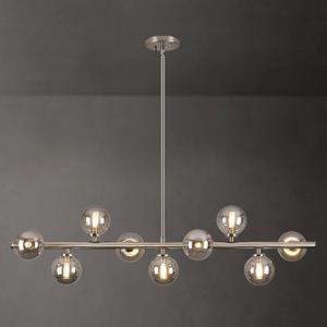 Modern Glass Globe Sputnik Chandelier, 9-Light Linear Chandeliers for Dining Room and Kitchen Island, Mid Century Light Fixture Over Table, Nickel and Smoke Grey Bubble, 40 Inch