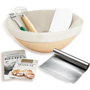 Sourdough Bread Kit  9 Banneton Bread Proofing Basket with Liner, Whisk, Lame, Scrapers & Recipe Guide  Complete Sourdough Kit with Bread Proofing Basket, Sourdough Tools & Bread Making Supplies