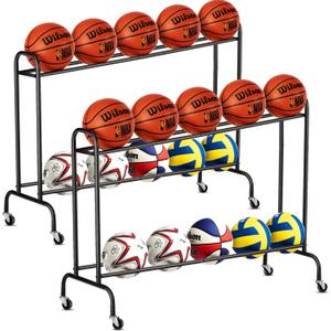 Tilt Basketball Rack Ball Storage Holder - Tilt Basketball Shooting Training Rack, Garage Sports Equipment Organizer, Outdoor and Indoor Rolling Balls Cart with Wheels (2 PCS)