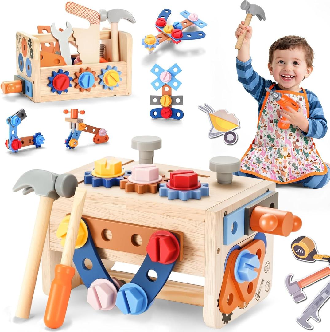 REXBETI Kids Tool Set with Electric Drill, 43Pcs Wooden Toddler Tool Bench with Apron, Educational Montessori Toys for 3 Year Old Boys, Toddler Tool Set, Birthday Gifts for 3 4 5 Year Old Boy Girl