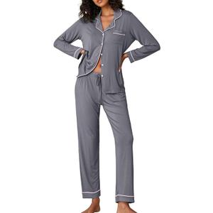 Ekouaer Pajamas Women's Long Sleeve Sleepwear Soft Button Down Loungewear Pjs Lounge Set Nightwear (Large, Gray)