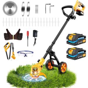 Electric Weed Wacker Cordless with Wheels,Electric Weed Eater Battery Powered 4000mAh,4 in 1 Grass Trimmer/Brush Cutter/Grass Edger/Tiller for Gardening & Lawn with Blade, 2 Battery (Yellow)