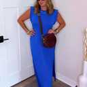GRECERELLE 2026 Women Year-Round Casual Round Neck Loose Split Wrinkle-Free Long Maxi Vacation Dress with Pockets (XXS-4XL) (Blue, S)