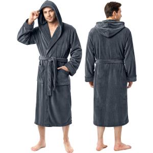 Luxury Soft Mens Robe with Hood Plush Fleece Long Bathrobe, L/XL, Grey