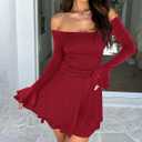 ABINGOO Women Off Shoulder Ruched Mini Dress Sexy Long Sleeve Ruffle Tiered Flowy Tube A Line Dress Fall Bodycon Short Dress (Red, L)
