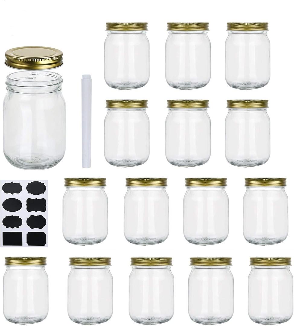 Encheng 16 oz Glass Jars With Lids,Regular Mouth Mason Jars 16 oz with Lids For Storage,Clear Pint Canning Jars For Pickles,Herb,Jelly,Jams,Honey,Dishware Safe,Set Of 15 (Gold)