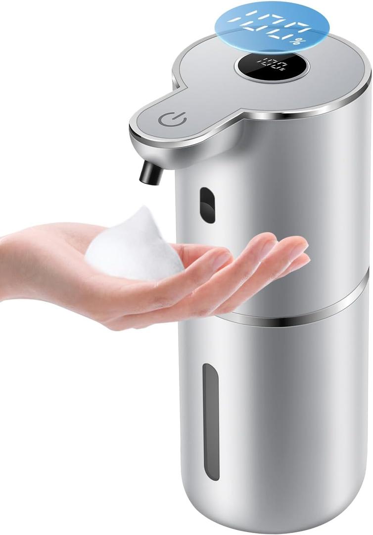 Automatic Foaming Soap Dispenser 12.8oz, Rechargeable & 6 Levels Foaming Adjustable with Digital Display, Wall Mount, Waterproof, Touchless Hand/Dish Soap Dispenser for Kitchen, Bathroom, Hotel (Silver)