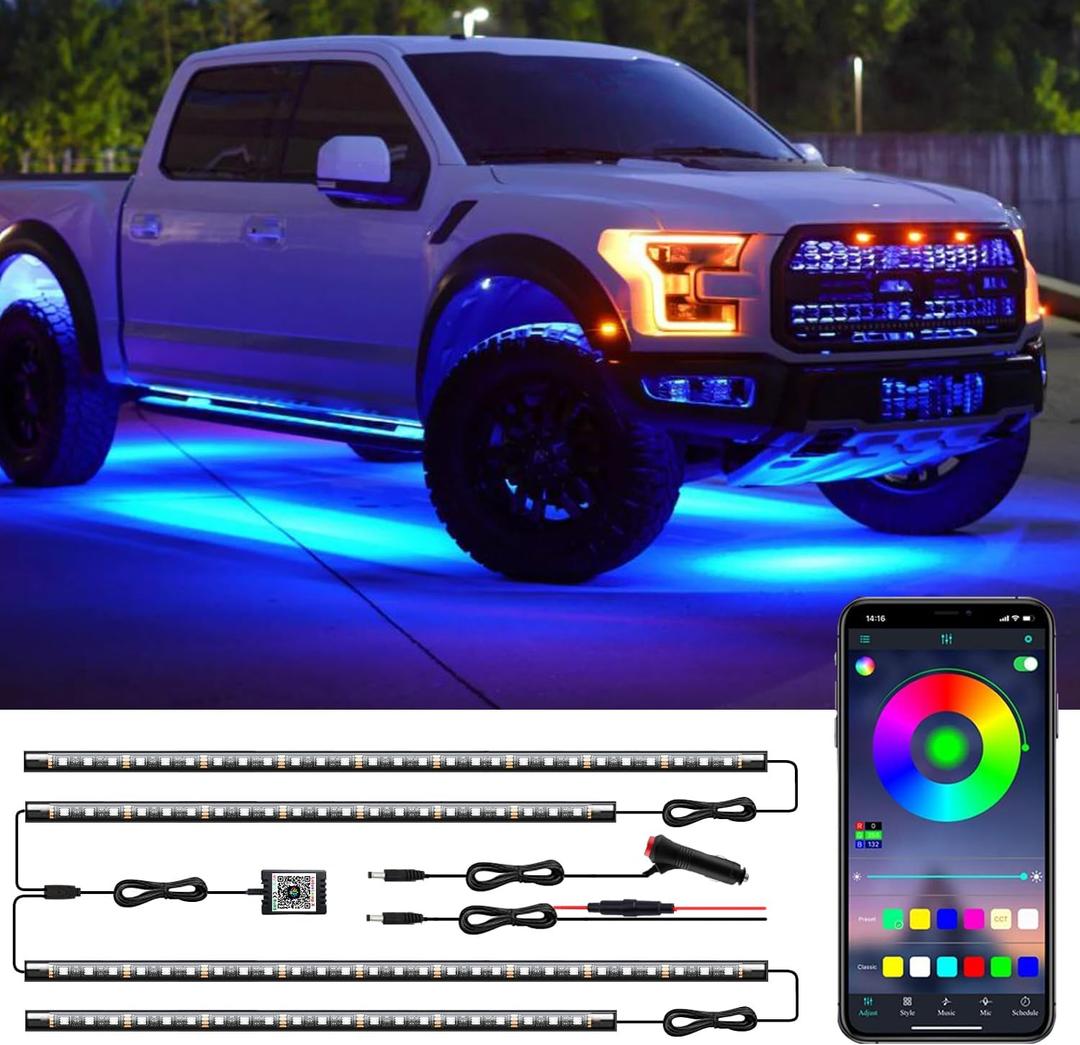 LED Underglow Kit - Multi Color, Waterproof, APP Control, Music Mode, Exterior Lights for Cars, SUVs, Trucks - DC 12V