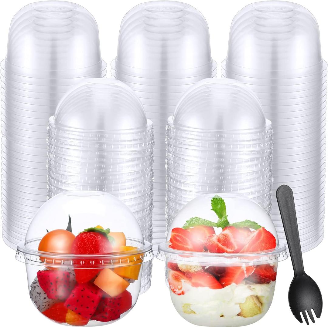 200 Pack Clear Plastic Cups 9 oz Dessert Yogurt Parfait Banana Pudding Pet Disposable Cups with 200 Pcs Sporks for Fruit Ice Cream Party