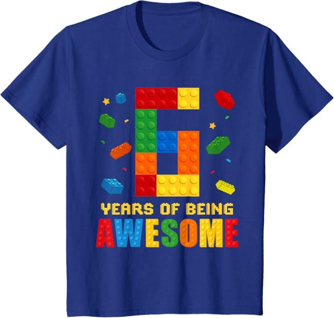 Kids 6 Year Old Birthday Boy Being Awesome Building Bricks 6th T-Shirt (Black)