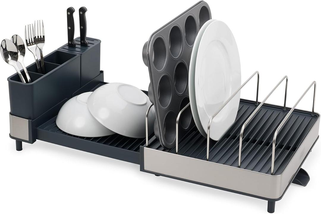 Joseph Joseph Extend Max Steel Expanding Dish Drying Rack, high Capacity for Large Items, Cutlery and Knife Holder, Swivel Draining Spout, Stainless Steel (Gray)
