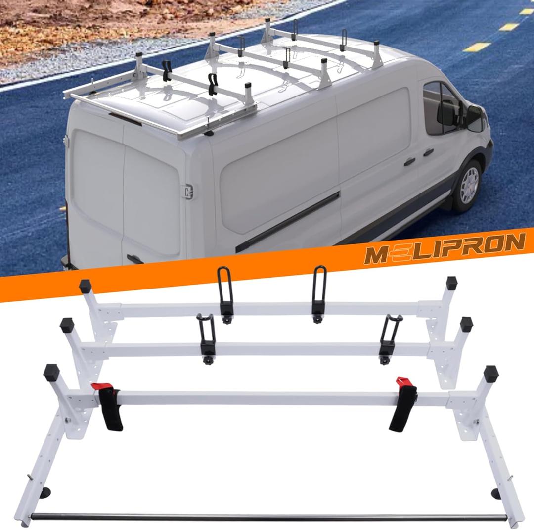 MELIPRON Van Ladder Roof Rack Fit for Ford Transit 150 250 350 Cargo Van 3 Crossbars with Rear Cargo Roller