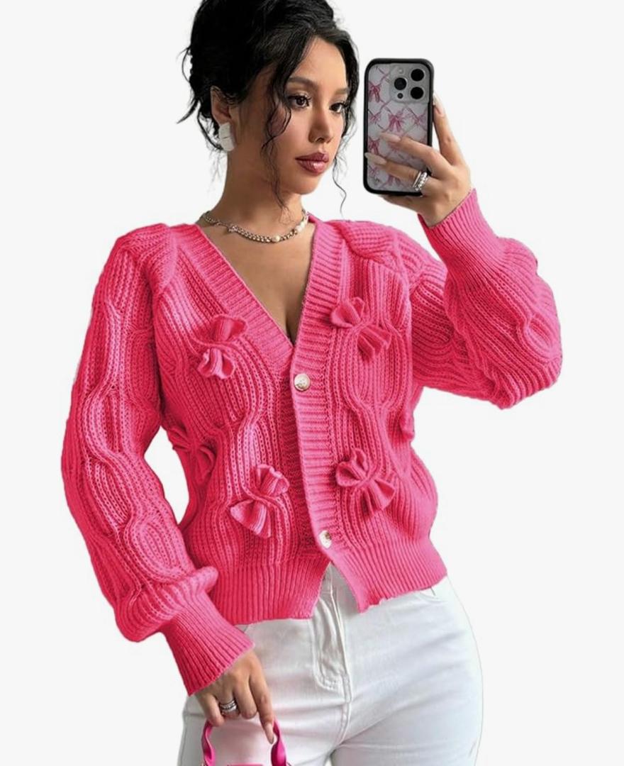 FOTKLAX Women's Cropped Bow Chunky Knit Cardigan Sweaters Open Front Cozy Long Sleeve Button Up Cardigans for Winter, Medium