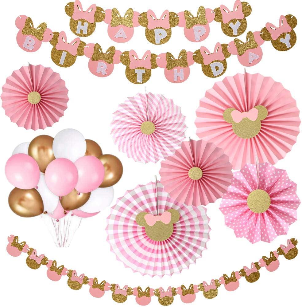 38pcs Minnie party supplies Decor Pink and Gold Minnie Paper Fans Minnie Garland Minnie Happy Birthday Banner Balloons for Girls 1st 2nd 3rd Birthday Decor