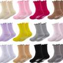 Baby Girls Toddler Ruffle Grip Socks Kids Non Slip Cute Frilly Cotton Crew Socks Uniform School Dress Sock 12 Pairs