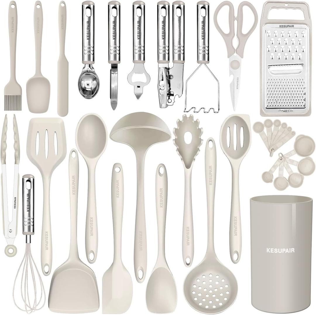 Kitchen Utensils Set - 446F Heat Resistant Silicone Cooking Utensils Set-Kitchen Tools and Gadgets for Cooking Nonstick Cookware with Tongs,Turner,Spatula,Spoon,Brush,Peeler,Grater,Scissors (Khaki)