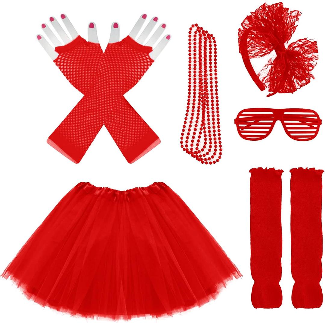 Kids 6 in 1 Costume Accessories 1970s 1980s Fancy Outfits and Dress for Cosplay Party Theme Party for Girl (Red)