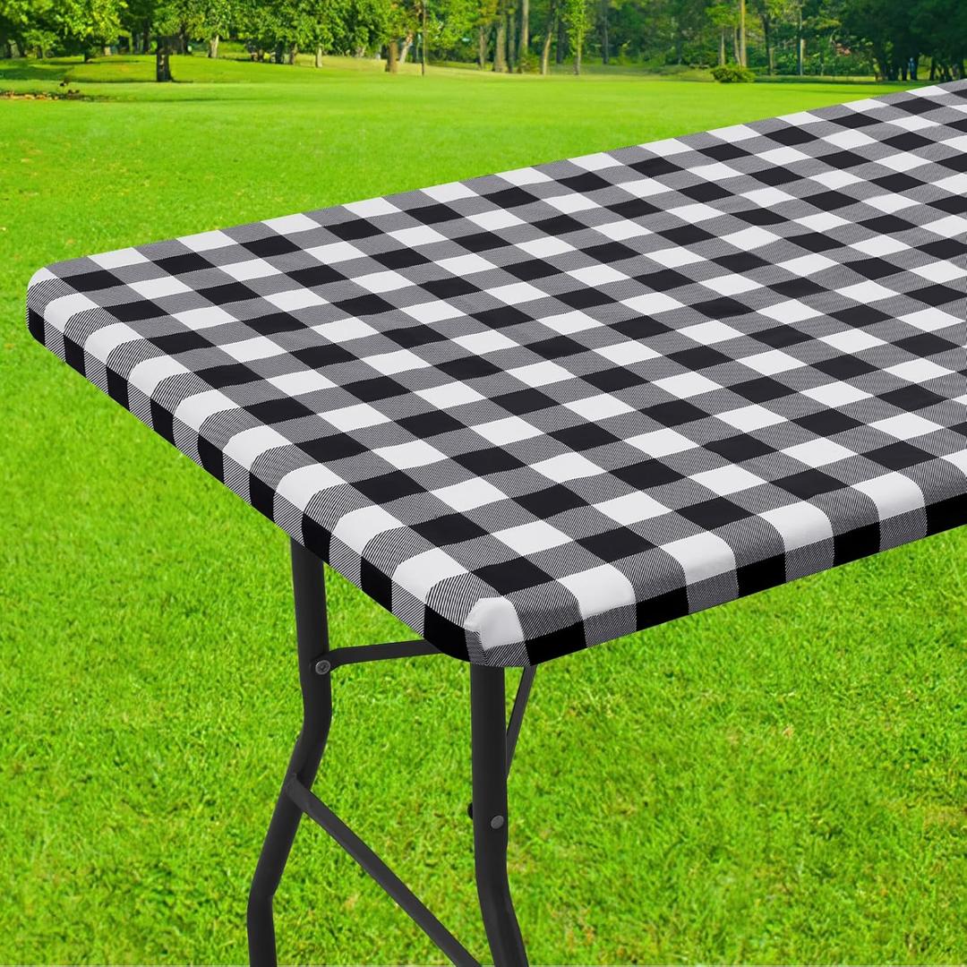 Smiry Rectangle Picnic Table Cloth, Elastic Waterproof Fitted Vinyl Tablecloths, Flannel Backed Buffalo Plaid Table Covers for Dining, Camping, Outdoor (Black and White, 30" x 96")