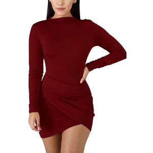 BORIFLORS Women's Sexy Wrap Front Long Sleeve Ruched Bodycon Mini Club Dress (Red, XL)