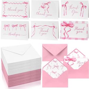 60 Set Thank You Cards with Envelopes 4"x 6" Watercolor Greeting Cards Blank with Envelopes for Wedding, Baby Shower, Bridal Shower, Graduation, Teacher Appreciation Gifts(Pink Bow)