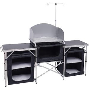 Nice C Camping Kitchen Table, Folding Grill Table, Upgrade Light Stand and Windshield Cooking Station & 3 Organizers, Carry Bag for Outdoor, Beach, BBQ, Picnic, Cooking, Indoor, Office(Silver)