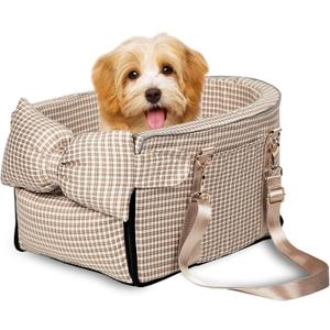 Prpeko Dog Car Seat for Small Dogs,Center Console Seat for Puppy,Anti-Collapse Pet Car Seat with Soft Cushion Safety Belt, Portable Car Armrest Seat for Dog & Cat Under 15 lbs (Grid-Brown)