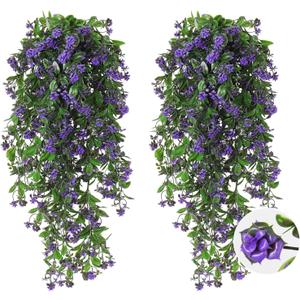 RECUTMS 2Pcs Artificial Hanging Plants Fake Vines Fake Plants Outdoor Greenery Artificial Flower for Outdoors Hanging Basket Plastic Home Garden Wedding Party Decorations(Purple)