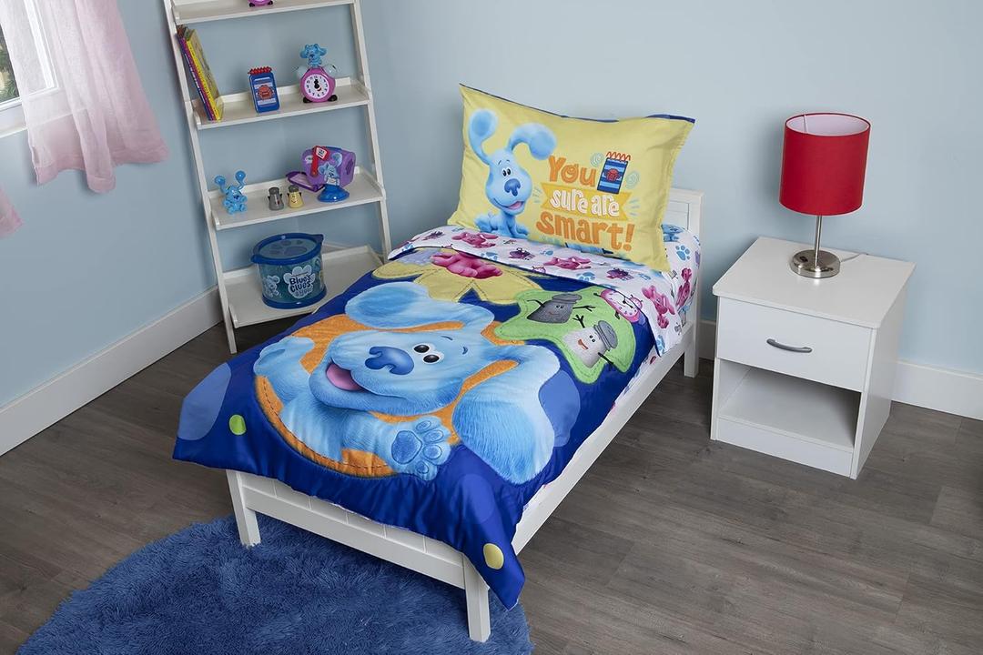 Blues Clues You Are Smart 4 Piece Toddler Bedding Set  Includes Comforter, Sheet Set  Fitted + Top Sheet + Reversible Pillowcase for Boys And Girls Beds, Blue