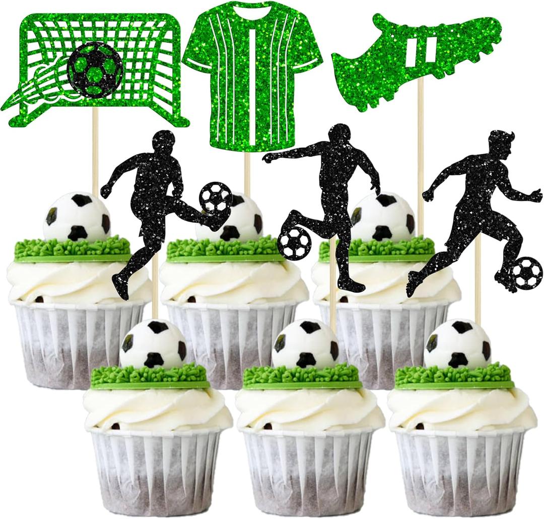 Gyufise 24Pcs Soccer Cupcake Toppers Glitter Football Cupcake Picks Sport Cake Decorations for Soccer Ball Theme Men Birthday Party Favor Supplies Green