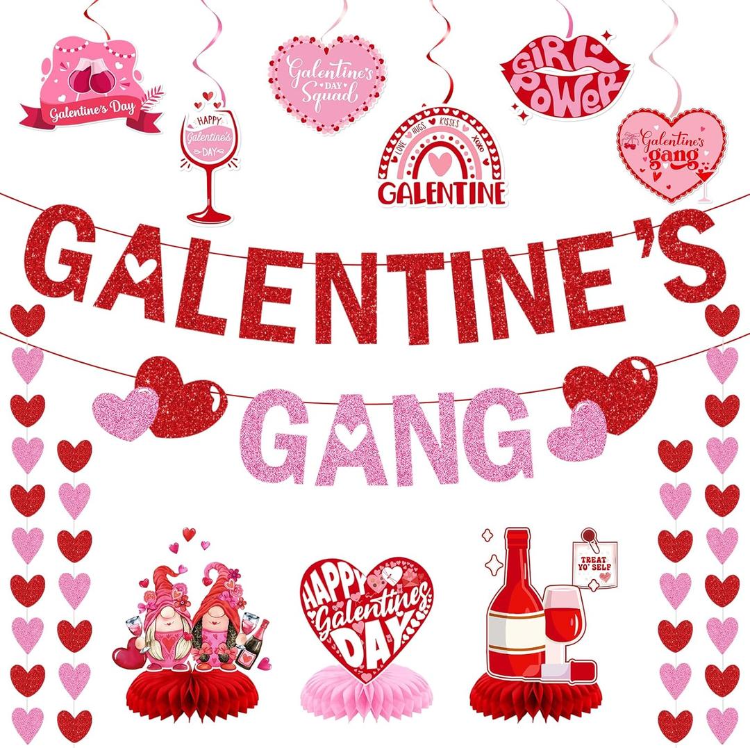 Galentines Gang Banner: Happy Valentines Day Party Decorations Red Pink Glittery Heart Garland Happy Galentines Day Bachelorette Floral Bridal Shower Anniversary Red and Pink Glitter Party Supplies