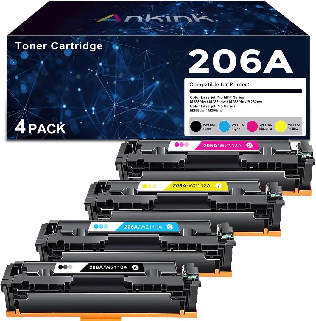 206A Compatible Toner Cartridge with Chip Replacement for HP 206X HP206A for Color Laserjet Pro MFP M283fdw M283cdw Pro M255dw M255nw M283 M255 | W2110A| W2110A(Black Cyan Yellow Magenta, 4-Pack Set)